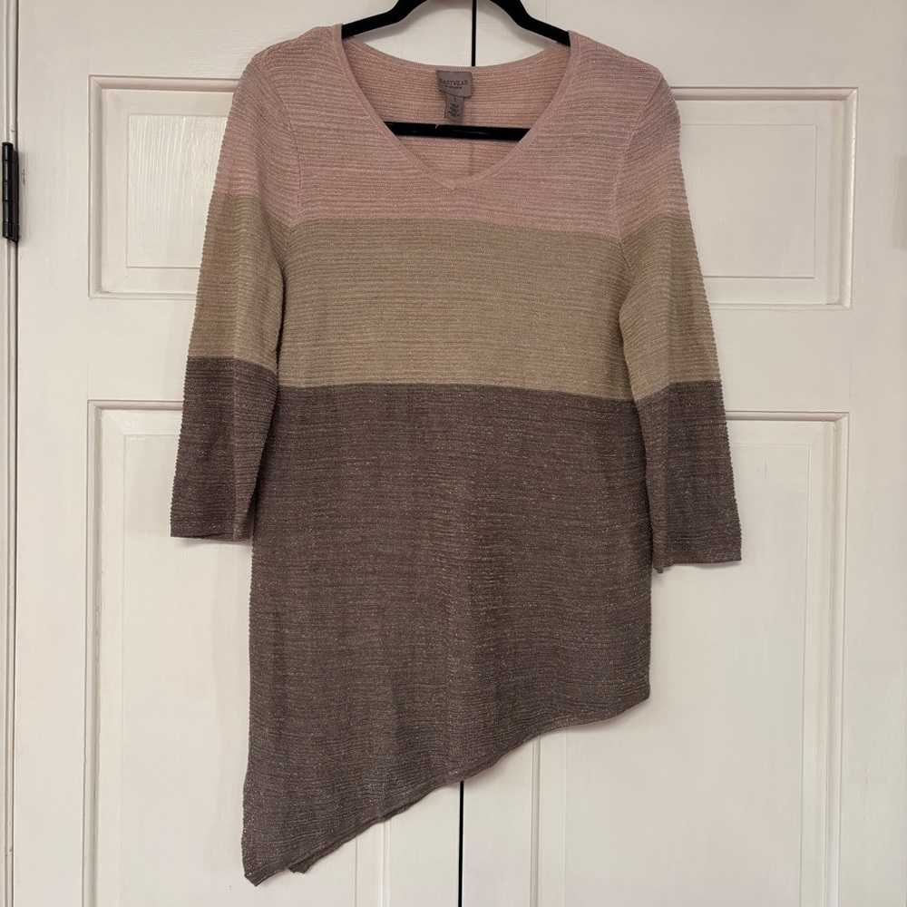Chico’s Size 1 Metallic Colorblock Striped Asymmetrical Blouse Chico Size Medium